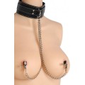 Master Series Leather Bondage Collar with Nipple Clamps